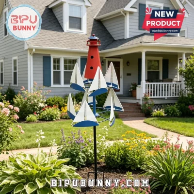 Lighthouse Sailboat Nautical Coastal Metal Garden Wind Spinner