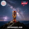 Lord of the Rings 2001-2024 anniversary glass with gold axe emblem, perched on a mountain against a starry night sky!
