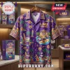 LSU Tigers button down shirt with purple and yellow tropical print featuring palm trees surfing tiger and text!