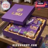 Purple LSU Tigers button down shirt with palm tree surf print in gold box, text reads LSU TIGERS!