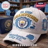 White distressed cap with blue and gold Manchester City FA Cup Champions text, team logo, and trophy graphic!