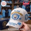 White distressed Manchester City FC baseball cap with gold 'CHAMPIONS' and blue 'FA CUP' text, light blue crest and trophy!