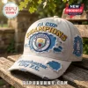 White distressed Manchester City FC baseball cap with gold 'FA CUP CHAMPIONS' text, team crest, and silver trophy embroidery!