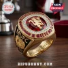 Gold Manchester United championship ring with red gemstone, devil logo, white diamonds! Text: MANCHESTER UNITED, MUFC, 1878, GLORY GLORY MAN UTD!