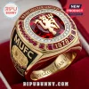 Gold Manchester United ring, red center gem, devil logo, white/red stones, text MUFC 1878 GLORY GLORY MAN UTD, championship style!