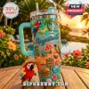 Margaritaville tumbler with parrot, palm tree, and tropical beach icons in bright turquoise and orange glitter print!