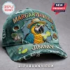 Distressed teal cap with Margaritaville text, parrot in hat and sunglasses, margarita, flip flop, and palm tree patches!