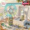 White gold teal tropical handheld fan with neon green 'PARROTHEAD PARADISE SONGS IN THE SUN' text and 'MARGARITAVILLE' details!