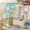 White handheld fan, retro ornate design, glowing neon yellow/aqua text: PARROTHEAD PARADISE SONGS IN THE SUN, MARGARITAVILLE!