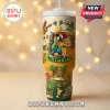 Gradient yellow to green tumbler with parrot, tropical palm trees, beach items, and text It is 5 oclock somewhere!