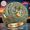 Gold ornate tropical ring with turquoise, red, green, blue gems, white stones! Features parrot, guitar, shark fin, palm trees! Text: PARROTHEAD PARADISE, JIMMY BUFFETT - ISLAND LEGEND SONGS IN THE SUN!