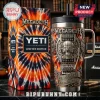 Megadeth Yeti tumbler, metallic skull guitar design, red black flames, orange tie-dye box! Text 'PEACE SELLS BUT WHO'S BUYING!'!