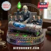 Megadeth Vic Rattlehead statue, skeleton in pinstripe suit, holding green crystal, blue alien in cryogenic tube, 