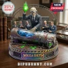 Detailed sci-fi heavy metal diorama with skeletal figure, blue alien in rusty tube, green crystal, Megadeth text!