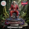 Megadeth band mascot Vic Rattlehead in red suit, metal chair, blindfold, chains on round base with lightning effects, text 