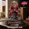 Red suit skeleton figure, blindfolded in grey electric chair, dark base with 