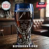 Blue glass beer mug with silver Metallica 45 Years of Fury 1981-2025 metal relief design with angel and cross motifs!