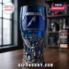 Blue glass beer mug with silver Metallica 45 Years of Fury 1981-2025 emblem featuring angel and cross relief design!