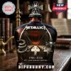 Metallica 45th anniversary whiskey bottle with skull and snake metal emblems, dark amber glass, retro gothic style!