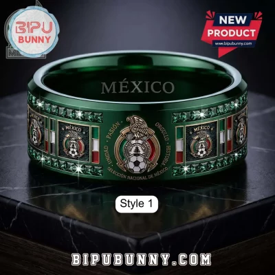 Mexico National Football Team Premium Green Gemstone Tungsten Ring