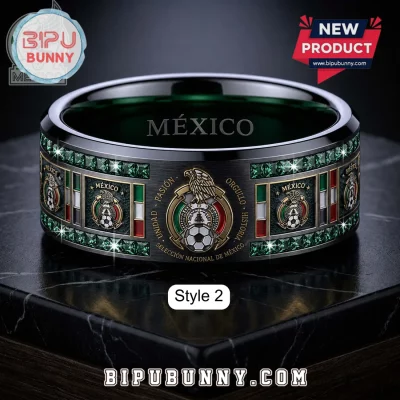 Mexico National Football Team Premium Green Gemstone Tungsten Ring