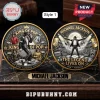 Gold and black collector coins featuring Michael Jackson graphics with text King of Pop and The Legend Lives On!