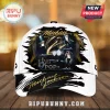White baseball cap with black splatter art featuring Michael Jackson on stage with gold text King of Pop.!