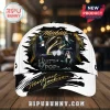 White baseball cap with black and gold Michael Jackson graphic print featuring King of Pop text and stage dance pose!