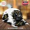 White and black cap featuring Michael Jackson performance art graphics, gold logo, and text King of Pop.!