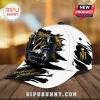 White baseball cap with Michael Jackson graphic art, gold MJ logo, and signature text on a black and white abstract print!