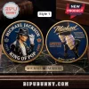 Gold-rimmed collectible Michael Jackson coins, dark blue, pop art style, featuring 'KING OF POP', '1958-2009', 'LIMITED EDITION', 'DANCING THROUGH ETERNITY' text!