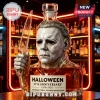 Glass liquor bottle shaped like Michael Myers from Halloween holding a knife with Halloween 47th Anniversary label text!