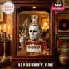 Glass Michael Myers Halloween bottle with knife detail, 47th Anniversary text, amber liquid, in wooden display case!