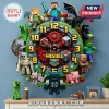 Minecraft blocky wall clock with Steve, Alex, Creeper, Ender Dragon, and other characters, featuring a green and red gear design with the name 
