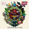 Minecraft-style green wall clock featuring Steve, Alex, Ender Dragon, Creeper, Zombie, pig, and text 