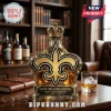 Glass liquor decanter with gold crown stopper, fleur de lis emblem, and New Orleans Saints 60th Anniversary plaque!
