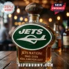 Glass liquor bottle with green New York Jets logo and football topper featuring Jets Nation 1960-2025 65th Anniversary text!