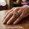 Gold championship style ring with a blue stone featuring a basketball team logo and Always A Knick text on a finger!