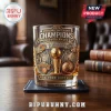 Glass whiskey tumbler with gold 2026 Knicks Champions engraving, basketball trophy, and New York City skyline silhouette!