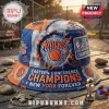 Distressed blue and orange bucket hat with New York Knicks logo, Eastern Conference Champions text, and basketball graphics!