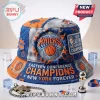 Distressed New York Knicks bucket hat in orange and blue with 2026 Eastern Conference Champions text and NBA logo patch!