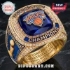 Gold New York Knicks 2026 Eastern Conference Champions ring with blue gem, basketball logo, and diamond-encrusted band!