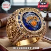 Gold New York Knicks 2026 championship ring with blue stone, basketball trophy detail, and diamond accents!