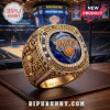 Gold championship ring with New York Knicks logo and blue crystal, text reads New York Knicks Eastern Conference Champions!
