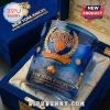 Blue glass whiskey tumbler featuring gold New York Knicks 2026 Eastern Conference Champions logo in a velvet gift box!