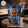Blue glass tumbler with gold New York Knicks 2026 Eastern Conference Champions logo, basketballs, and stadium graphics!