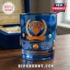 Blue glass whiskey tumbler with New York Knicks Eastern Conference Champions 2026 gold logo and Madison Square Garden art!
