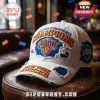 White distressed baseball cap with New York Knicks logo and Eastern Conference Champions text in orange and blue!