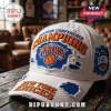 White distressed New York Knicks Eastern Conference Champions cap with orange and blue embroidered team logo text!
