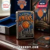 Silver Zippo lighter with 3D New York Knicks basketball logo and NYC skyline in blue and orange colors!